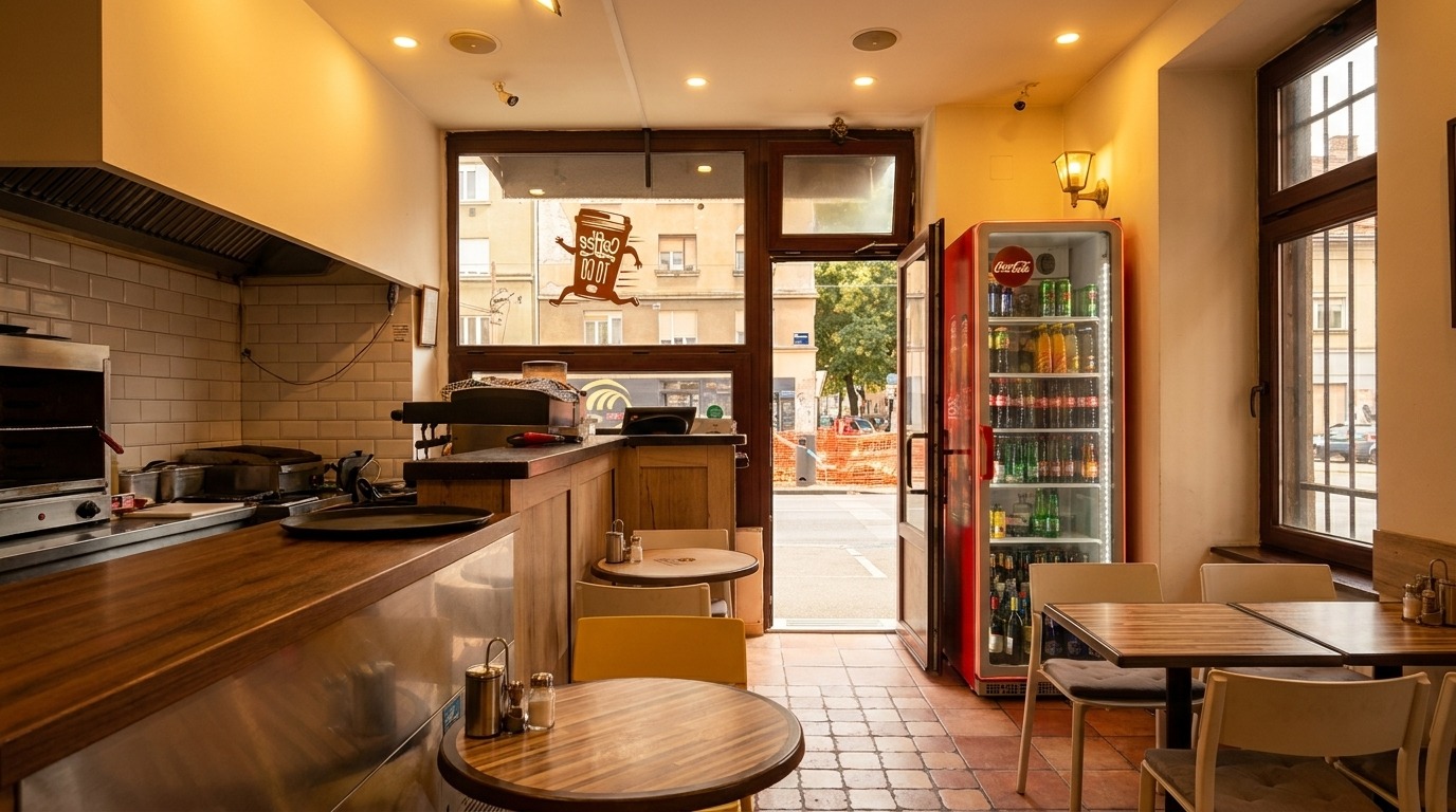 Inside Lazeez: warm wooden tables, open kitchen and street-facing windows